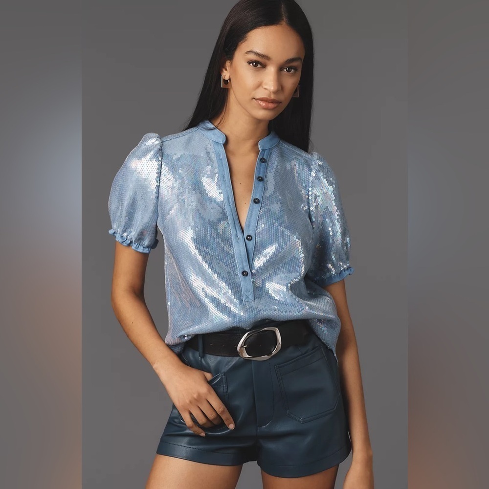 NWT! The Aly Puff-Sleeve Blouse by Pilcro: Sequin Edition - Size Small  🪞1️⃣